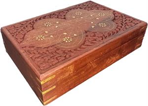 Large Mango Wood Engraved Box with Brass Inlays Large Mango Wood Engraved Box with Brass Inlays Image