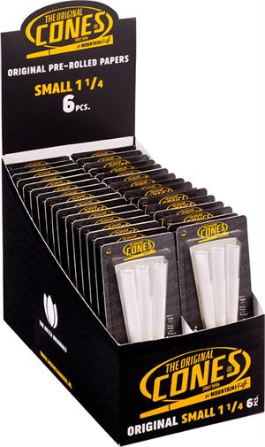CONES Small 1-1/4 Size Cones 6pc Blister Packs - Bleached - 83mm/Filter 26m CONES Small 1-1/4 Size Cones 6pc Blister Packs - Bleached - 83mm/Filter 26mm - 32 Packs per Display Image