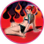FLAMING PIN-UP ROUND STICKER - 2 1/2" ROUND