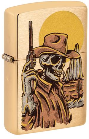 Wild West Skeleton Brushed Brass Zippo Lighter IMAGE
