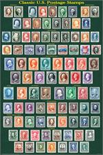 Classic US Postage Stamps Educational Poster Image